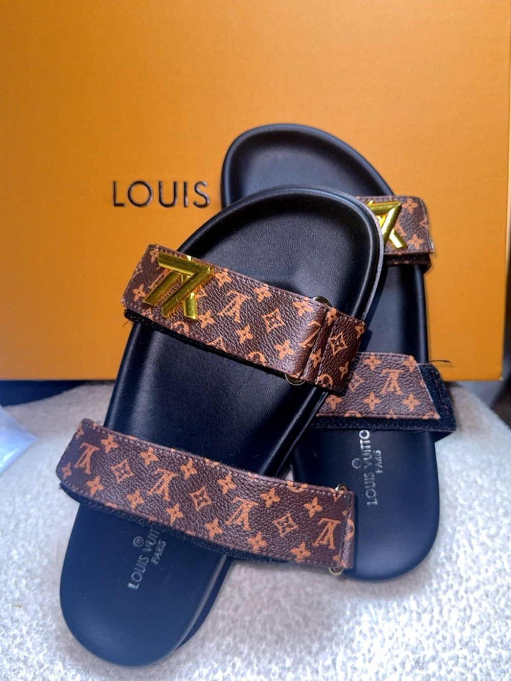 Louis Vuitton Brown Monogram Logo Slide Sandals with Gold Hardware